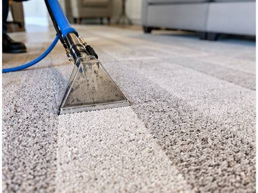 Carpet cleaned by hot-water extraction showing fresh vacuum tracks