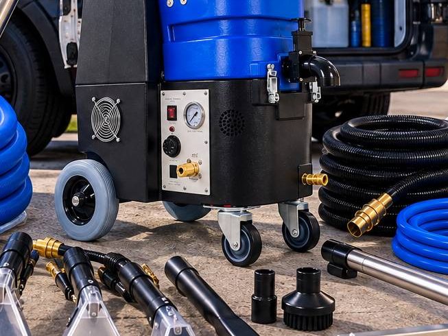 Professional portable hot-water extractor with hoses, wands and upholstery tools